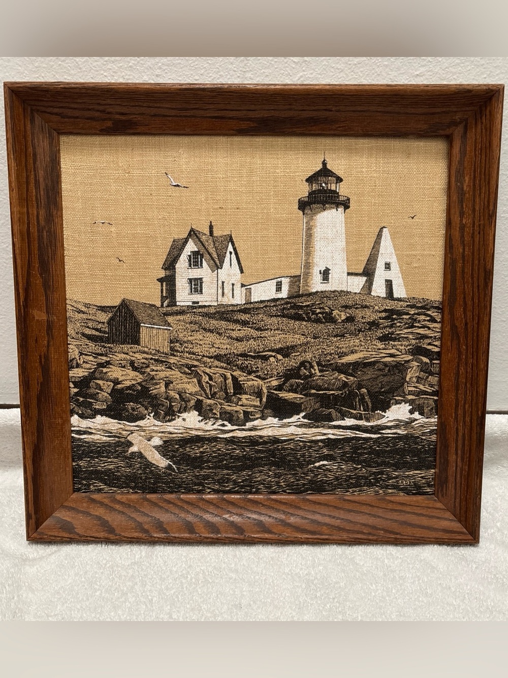 Coastal cape neddick Lighthouse Wall Art burlap in Tan and Black signed